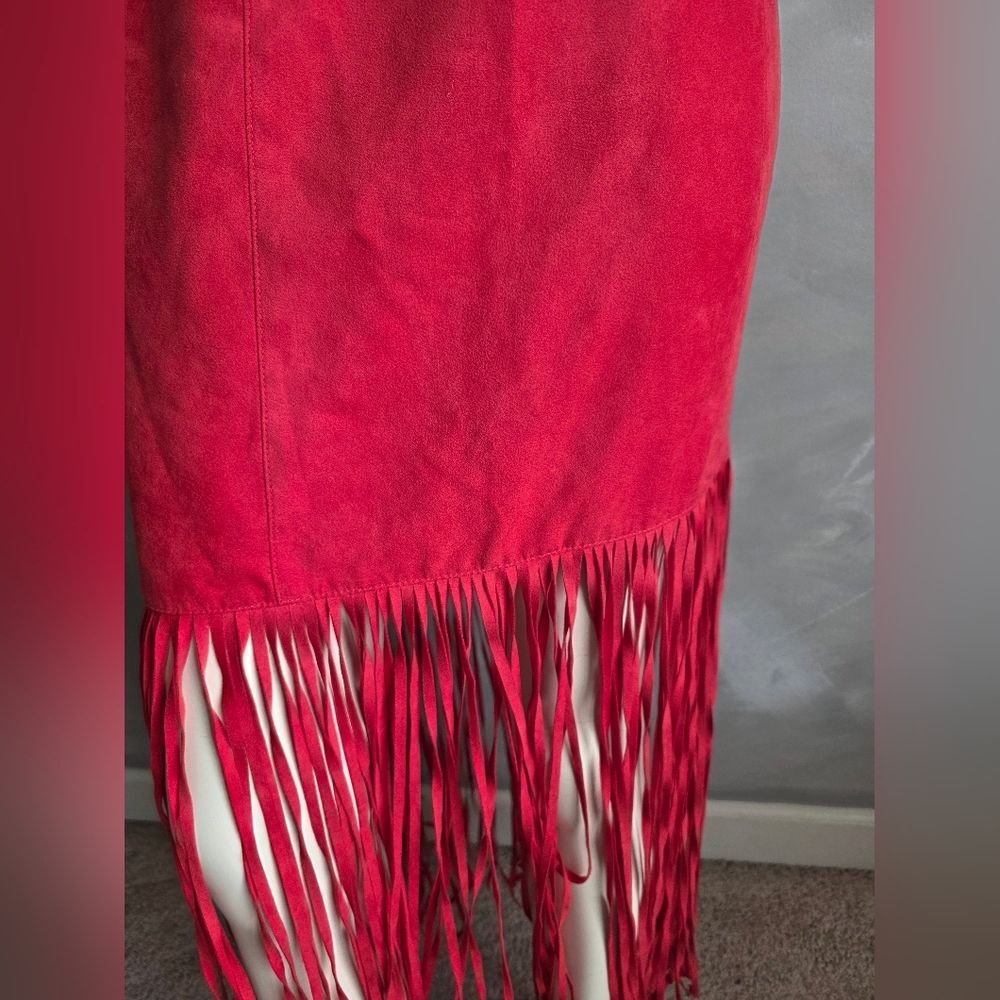 Red Faux Suede Long Fringe Maxi skirt H&M x Coachella Collection Sz 12 - Picture 2 of 12